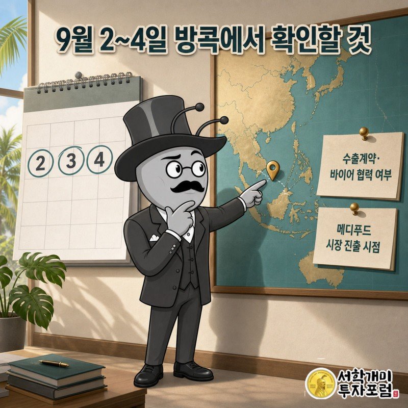부자개미가 달력의 9월 2~4일과 세계지도 속 방콕을 짚으며 다음에 확인할 사항을 표시하는 모습