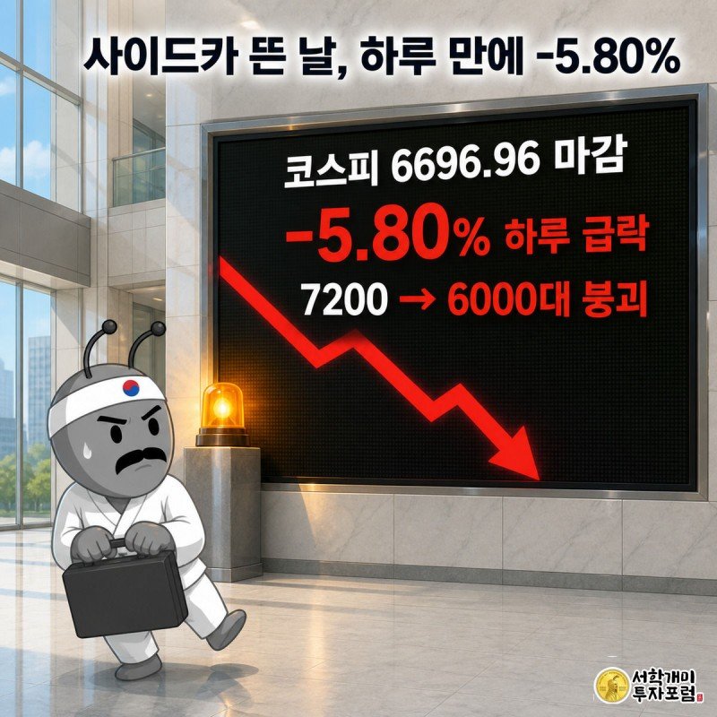 매도 사이드카 경고등이 켜진 전광판 앞에서 개미 캐릭터가 놀라 뒷걸음치는 코스피 급락 장면