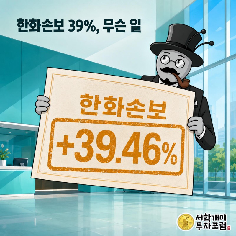 부자개미가 자동차보험 청구서를 들고 +39.46%라는 급등률 배지를 흐뭇하게 바라보는 모습