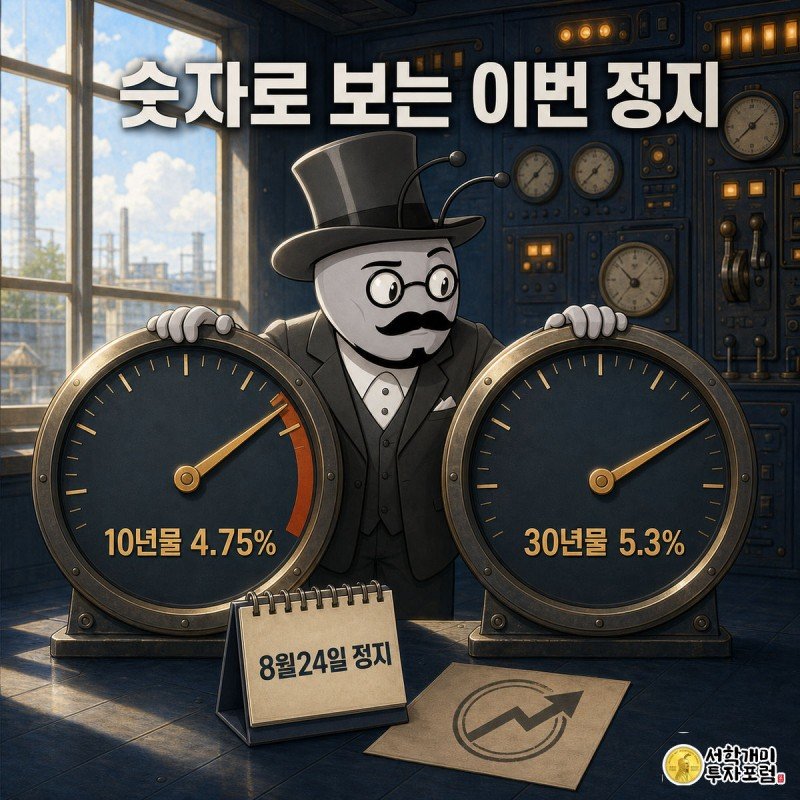 10년물과 30년물 국채금리 게이지 바늘이 각각 4.75%와 5.3%에서 멈춘 것을 개미가 점검하는 모습