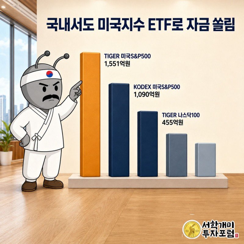 국내 상장 미국지수 추종 ETF 5종의 자금유입 규모를 막대그래프로 비교한 그림