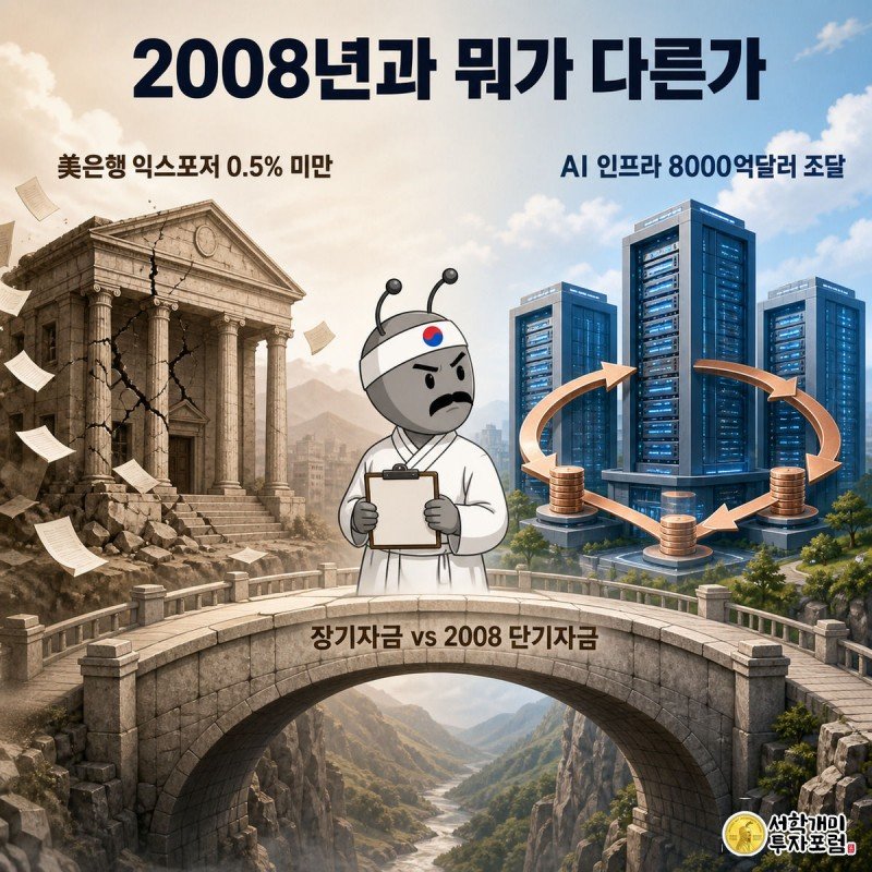 빛바랜 2008년 은행 건물 실루엣과 밝은 오늘날 AI 데이터센터들이 순환금융 화살표로 연결된 장면 사이 다리 위에서, 개미가 서류를 들고 두 시대를 비교하는 모습.
