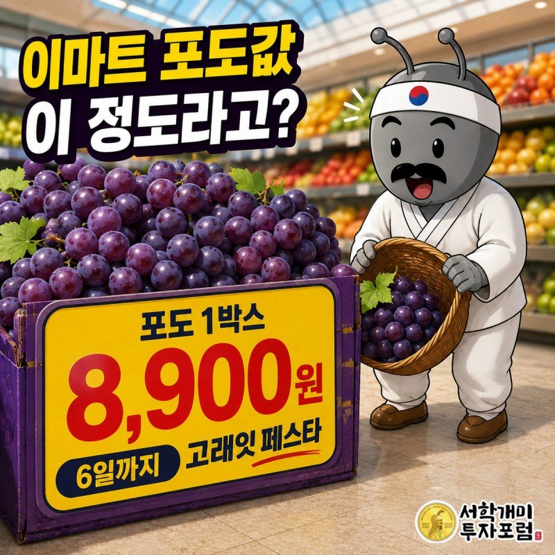 대형마트 포도 박스 앞에서 서민개미가 8900원 가격표를 보고 놀라며 기뻐하는 모습