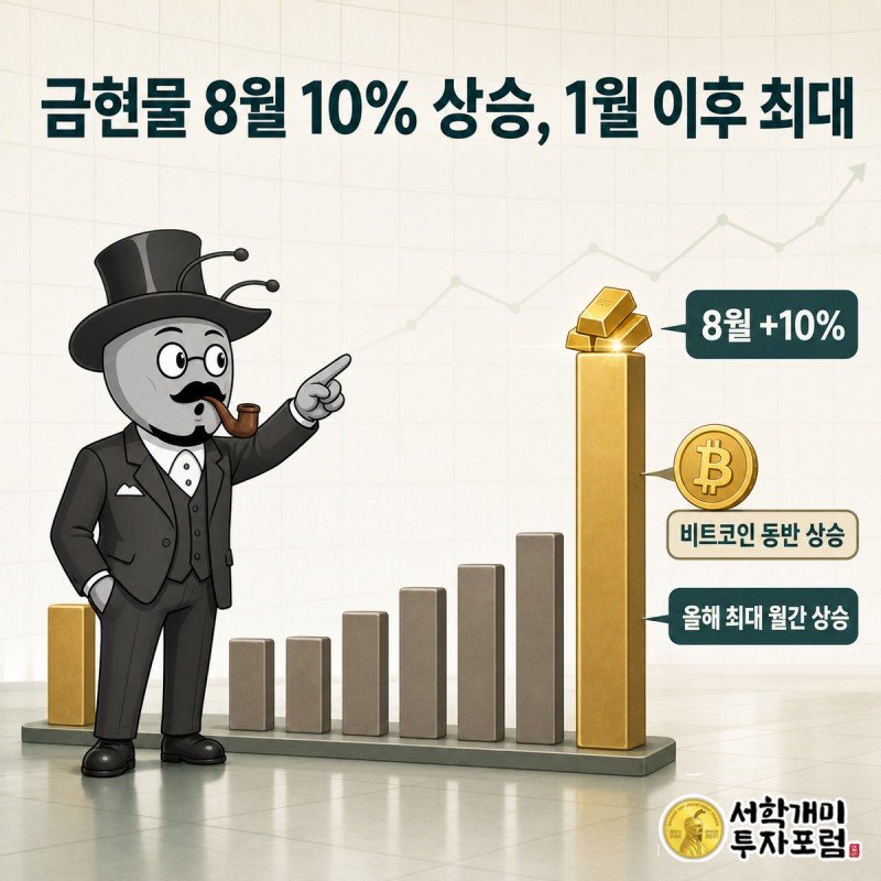월별 금값 막대그래프에서 8월 막대가 가장 높이 솟은 것을 부자개미가 놀란 표정으로 가리키는 이미지