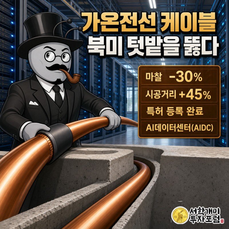 가온전선의 저마찰 케이블을 든 부자개미가 득의양양한 표정으로 AI데이터센터를 배경으로 서 있는 모습