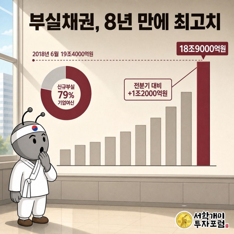 시간축 막대그래프에서 부실채권이 18조9000억원까지 치솟아 2018년 6월 수준에 근접한 것을 개미가 놀란 표정으로 올려다보는 장면.
