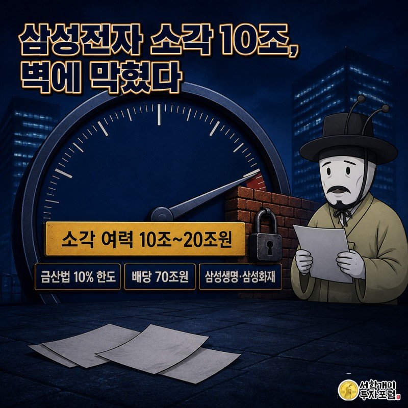 게이지 바늘이 10%에서 벽에 막혀 붉게 경고하는 가운데 개미가 낭패한 표정으로 소각 서류를 들고 서 있고 상단에 삼성전자 소각 10조 벽에 막혔다는 제목이 적힌 그림