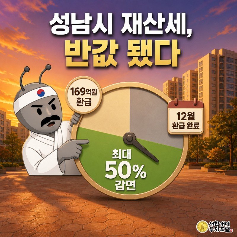 노을이 지는 성남시 아파트 단지 앞에서 개미가 재산세 감면율 계기판을 놀란 표정으로 가리키고, 계기판 옆에는 169억원 환급이라는 문구가 떠 있다.