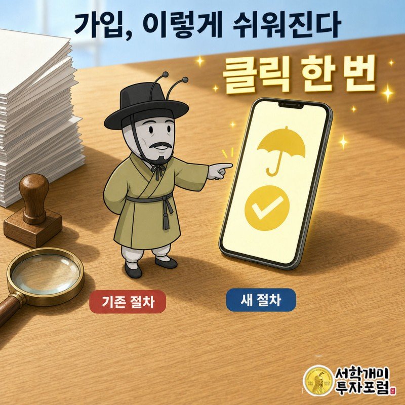 서류 더미로 번거롭던 기존 가입 절차와 스마트폰 클릭 한 번으로 끝나는 새 절차를 비교하는 모습