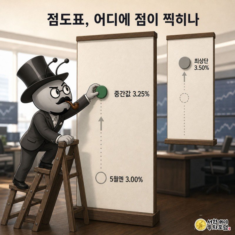 개미가 사다리를 타고 점도표 눈금판의 점을 3.00%에서 3.25%로 옮겨 붙이는 그림