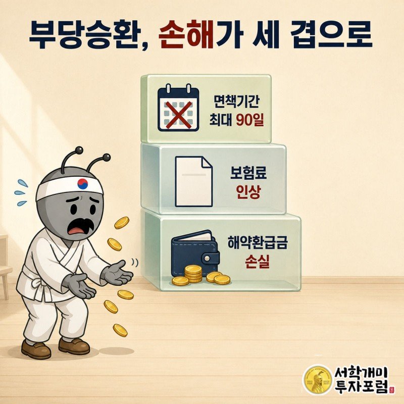 해약환급금 손실, 보험료 인상, 90일 면책기간이 계단처럼 쌓여 서민개미가 낭패한 표정으로 바라보는 이미지