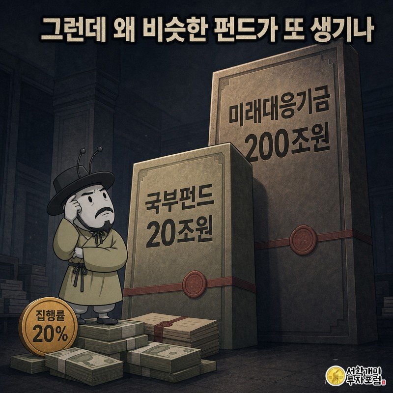 작은 집행 자금 더미 위에 선 개미가 재정경제부와 기획예산처가 새로 세우는 거대한 펀드 팻말들을 의심스러운 표정으로 올려다보는 그림