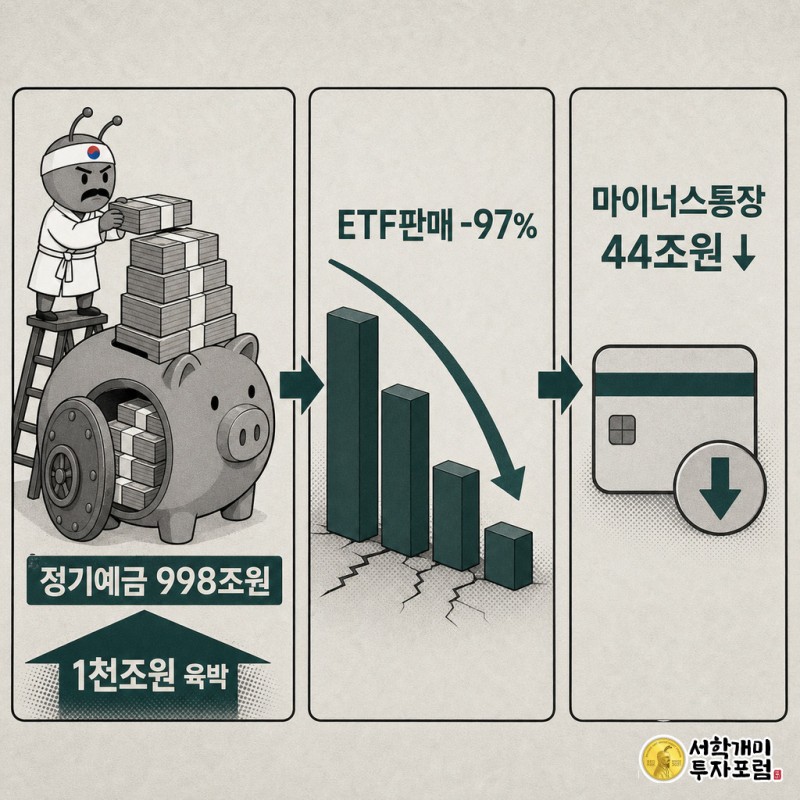 정기예금은 늘고 ETF 판매와 마이너스통장 잔액은 줄어드는 흐름을 화살표로 연결한 3컷 코믹 인포그래픽