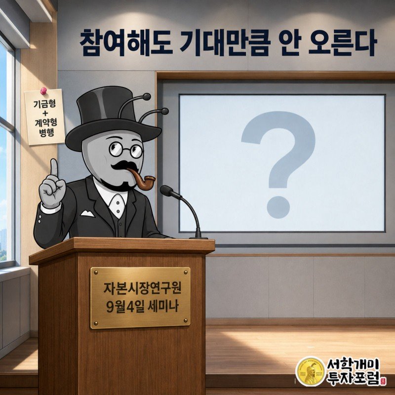 양반개미가 세미나 발표대에서 국민연금의 퇴직연금 참여 기대에 반박하는 모습