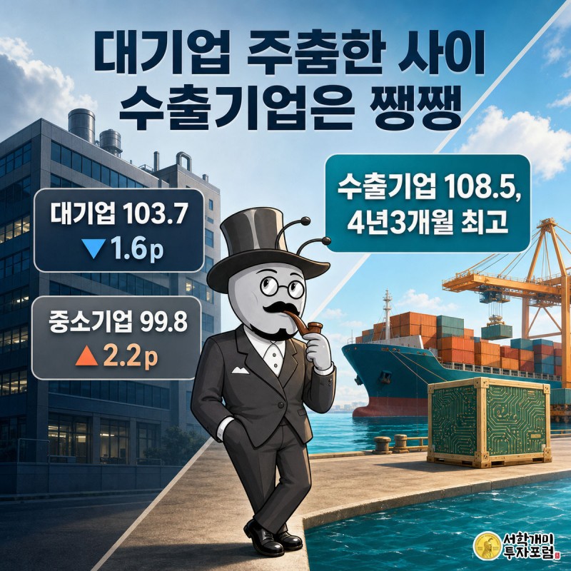 대각선으로 나뉜 화면 왼쪽엔 낙담한 대기업 사무실 개미, 오른쪽엔 활기찬 항구에서 웃는 수출기업 개미가 대비되어 서 있다