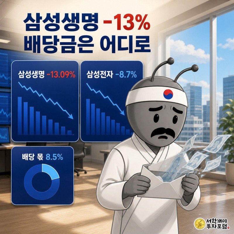 삼성생명 배지를 단 개미가 반쯤 새어나가는 배당금 봉투를 낭패한 표정으로 내려다보고, 뒤쪽 전광판에 삼성생명 -13.09%와 삼성전자 -8.7%가 떠 있다