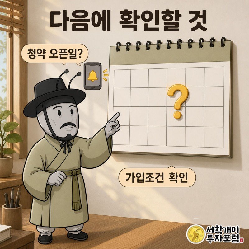 서민개미가 달력의 빈 날짜 위에 뜬 물음표를 바라보며 온라인 청약 오픈일을 기다리는 모습