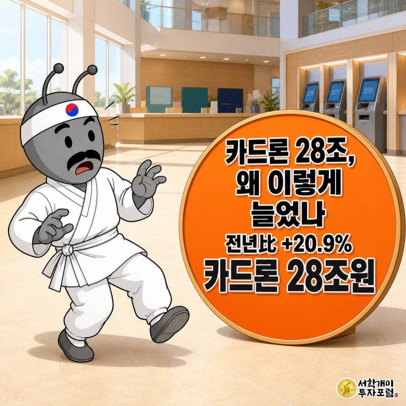 카드사 창구에서 개미 캐릭터가 카드론 누적액이 28조원으로 치솟는 전광판을 보고 놀라는 모습