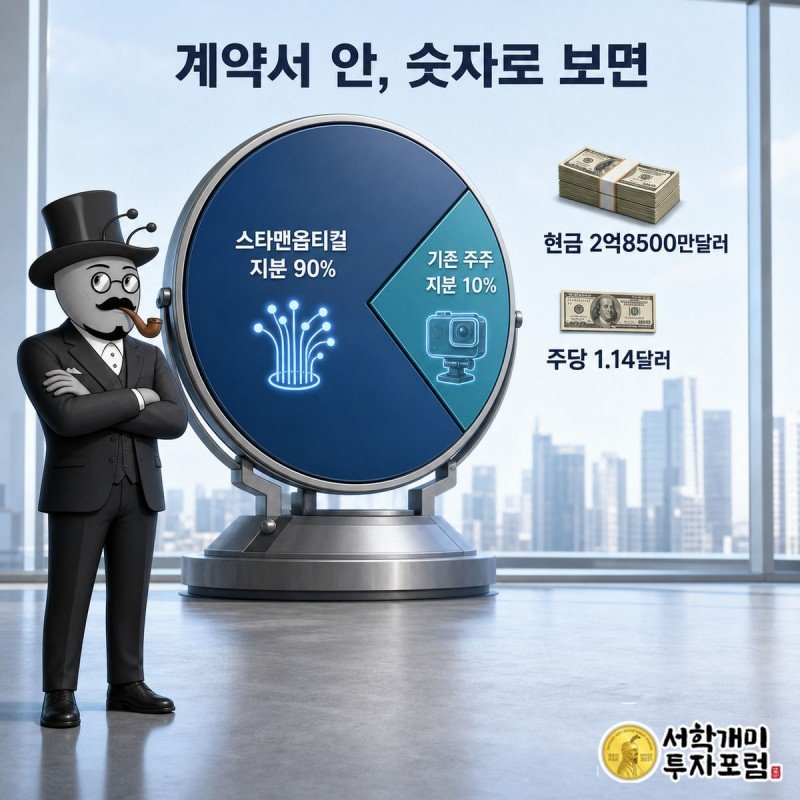 지분 90%와 10%로 나뉜 파이차트 앞에서 부자개미가 팔짱 끼고 합병 조건을 지켜보는 모습