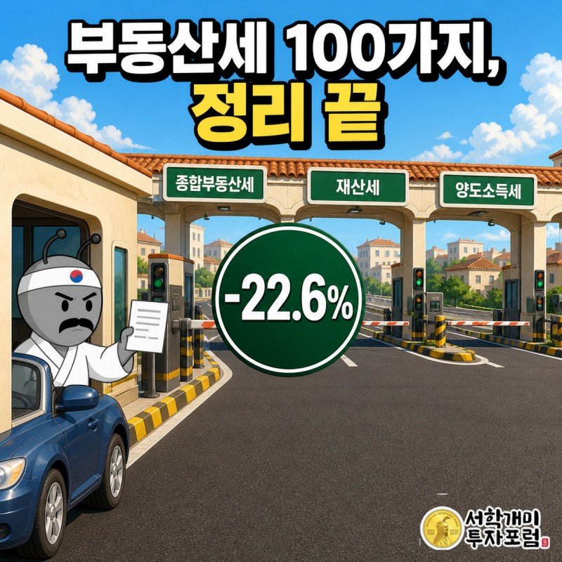 부자개미가 고속도로 요금소를 지나며 다섯 가지 부동산 세금과 22.6% 줄어든 보유세를 확인하는 모습