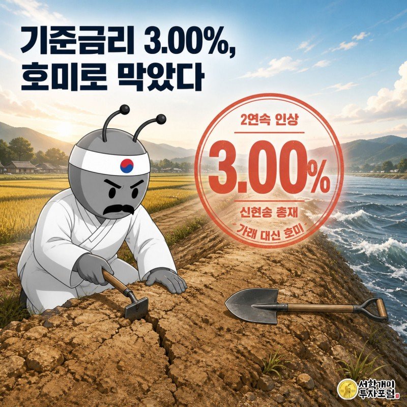 둑의 작은 균열을 호미로 막는 개미와 균열이 커져 가래로 막으려는 개미를 대각선으로 대비시킨 기준금리 2연속 인상 표지 이미지