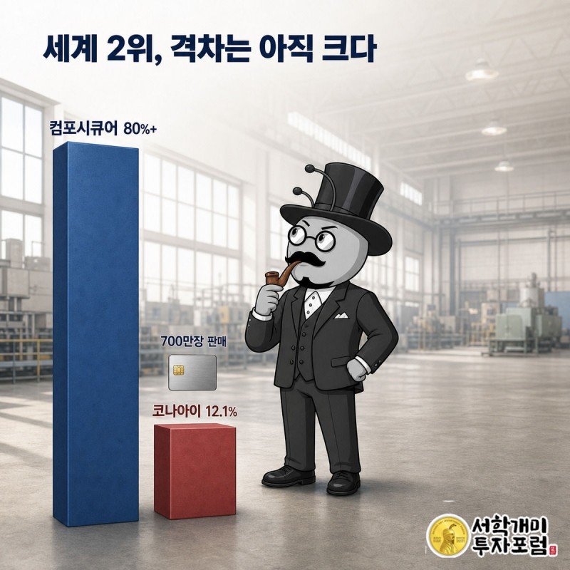 압도적으로 높은 컴포시큐어 점유율 막대와 그보다 훨씬 낮은 코나아이 12.1% 막대를 개미가 올려다보는 그림