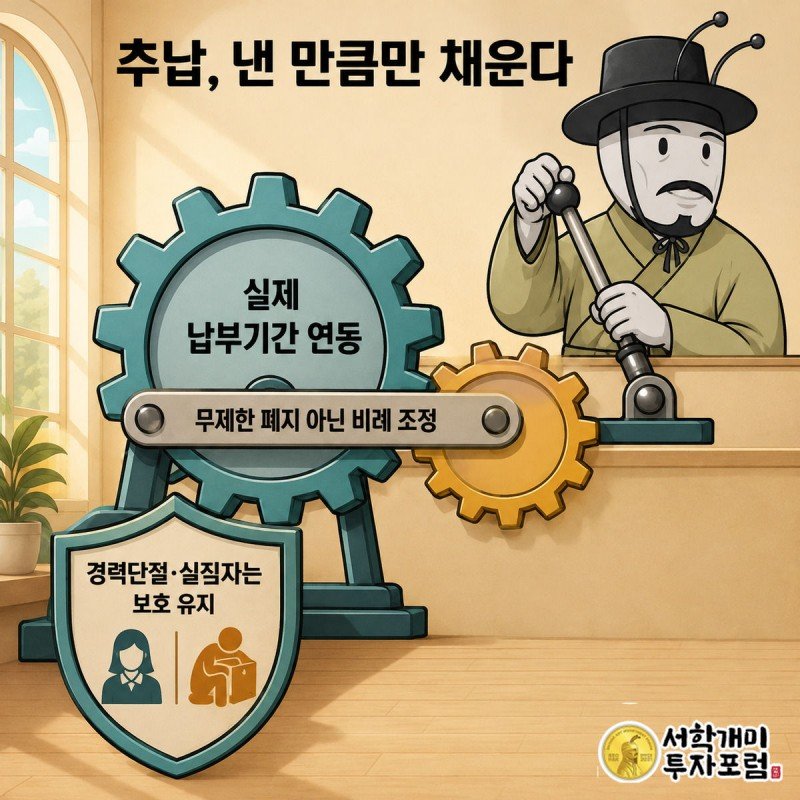 실제 납부기간 톱니와 추납 가능기간 톱니가 맞물려 돌아가고 개미가 레버를 조정하며 진지한 표정을 짓는 모습