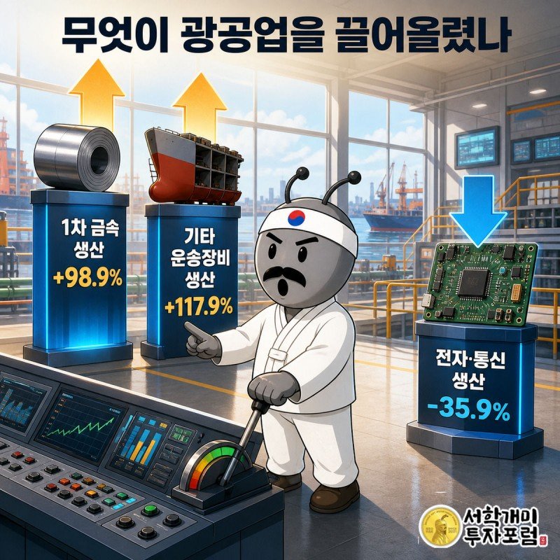공장 제어판 앞에서 개미가 1차 금속과 기타 운송장비 생산이 치솟은 기둥 그래프를 놀란 표정으로 가리키고, 전자·통신 생산은 낮게 꺼진 기둥으로 대비되는 인포그래픽