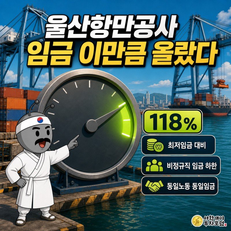 항만을 배경으로 큰 게이지 바늘이 118%를 가리키자 안전조끼를 입은 개미가 놀라고 기뻐하는 표정으로 손가락질하는 정보 일러스트