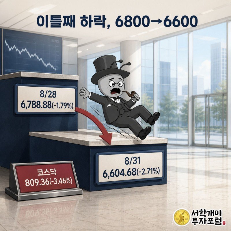 코스피 지수가 8월 28일 6,788.88에서 31일 6,604.68로 계단식으로 무너지는 모습을 개미가 미끄러지며 보여준다