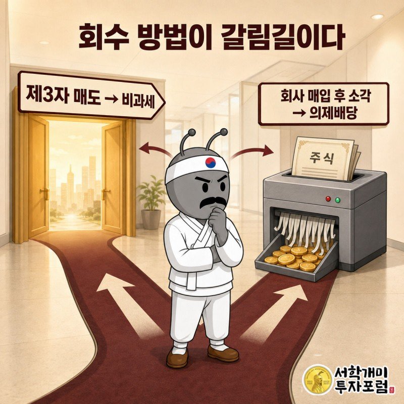 개미가 비과세로 이어지는 문과 의제배당 파쇄기로 이어지는 갈림길에서 고민하는 모습