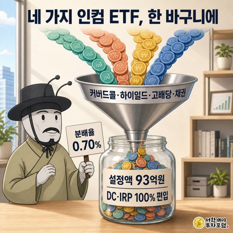 커버드콜·하이일드·고배당·채권 네 색 흐름이 깔때기를 타고 하나의 유리 항아리로 합쳐지는 것을 개미가 지켜보는 인컴모으기펀드 구조 설명 이미지
