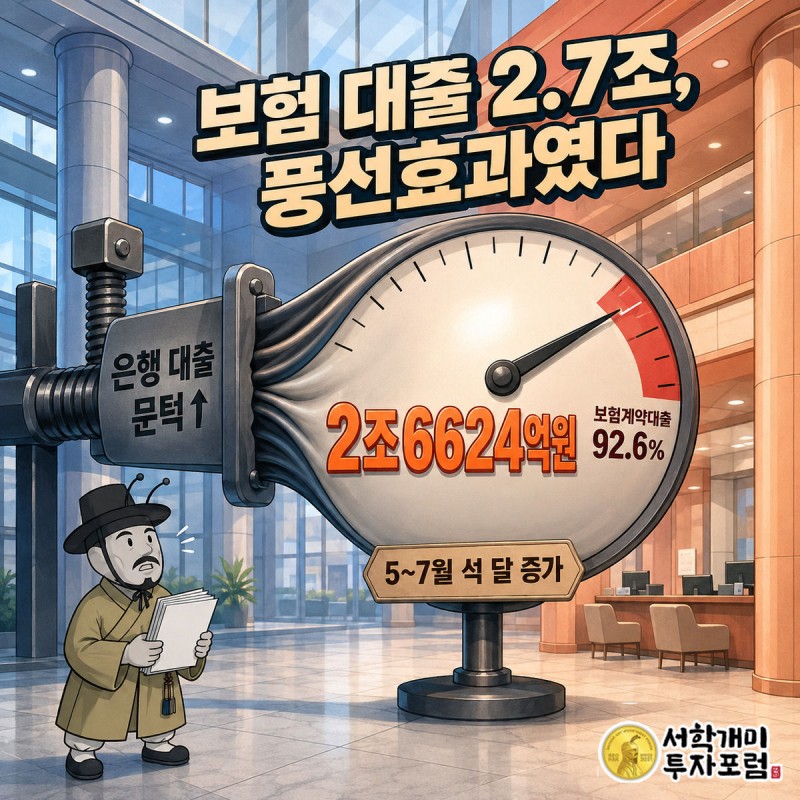 은행 창구가 눌리자 반대편 보험 창구 풍선이 크게 부풀어 오르는 모습을 개미가 놀란 표정으로 올려다보는 그림