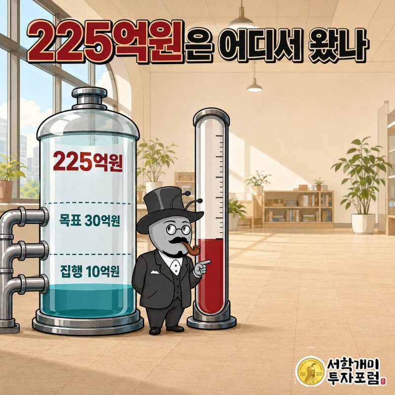 세 자금이 합쳐진 225억원 유리병과 30억원 목표 게이지에 10억원만 채워진 모습을 부자개미가 가리키는 그림