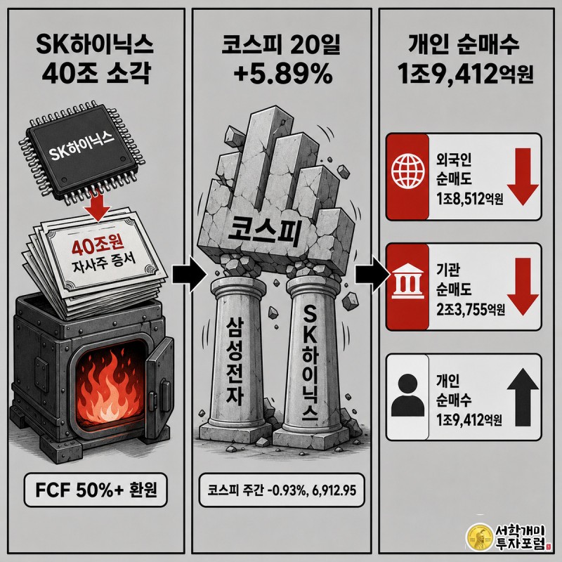 SK하이닉스의 40조원 자사주 소각부터 삼성전자·SK하이닉스가 떠받치는 코스피 지수, 외국인·기관·개인의 순매도·순매수 수급까지 3단 패널로 보여주는 삽화.