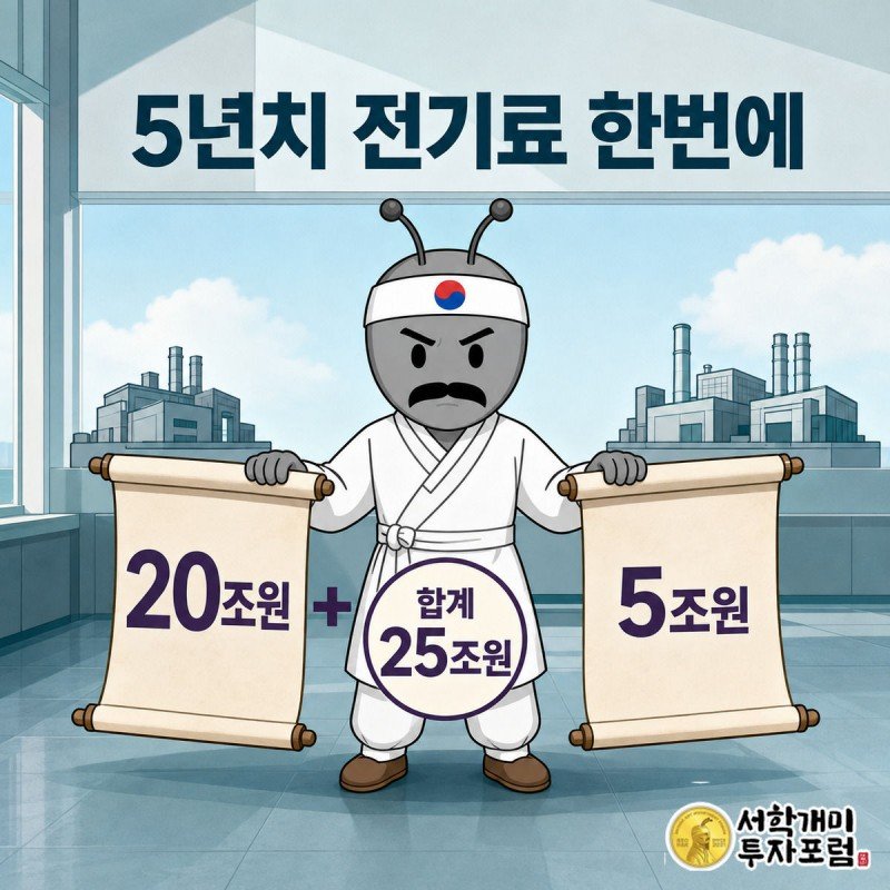 한전 개미가 삼성전자 20조원, SK하이닉스 5조원이라 적힌 두루마리 청구서를 양손에 들고 서 있다