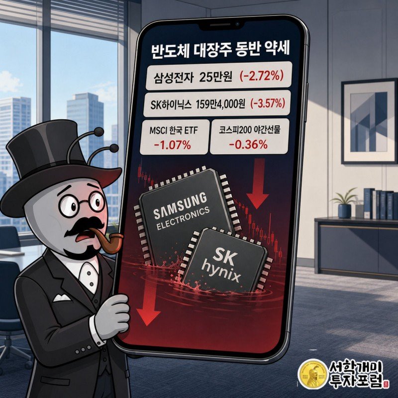 스마트폰 증권 앱 화면에 삼성전자와 SK하이닉스 하락 카드가 겹쳐 보이고 개미가 당혹스러운 표정으로 화면을 붙잡고 있다