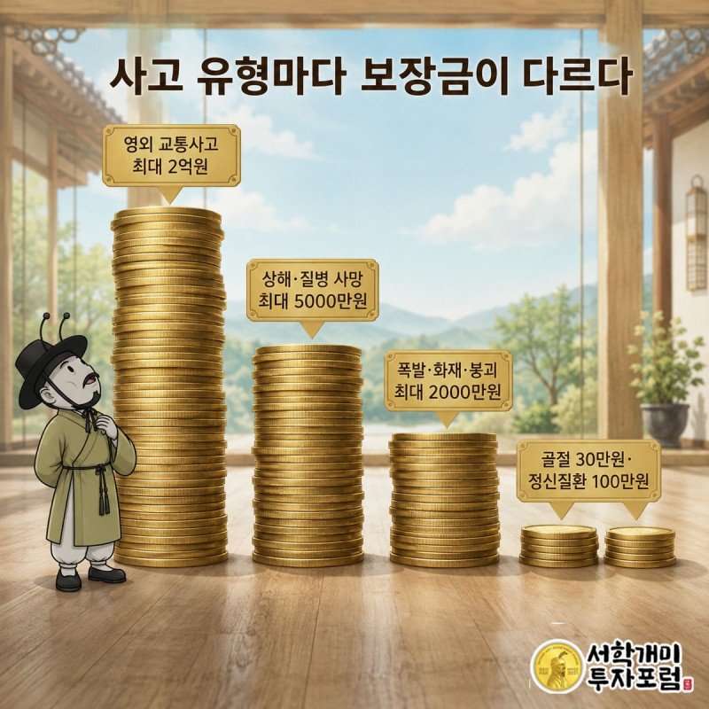 사고 유형별로 높이가 다른 동전 탑을 놓고 개미가 가장 높은 영외 교통사고 탑을 놀란 표정으로 올려다보는 비교 이미지