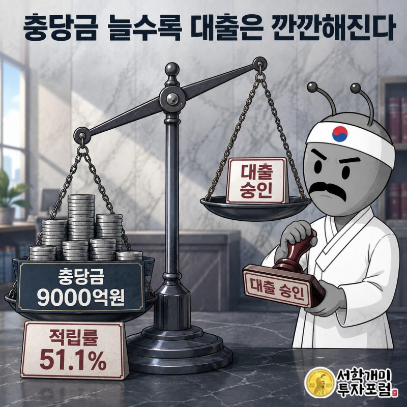 충당금 더미 쪽으로 기울어진 저울과 대출 승인 도장을 든 손이 대비되는 모습