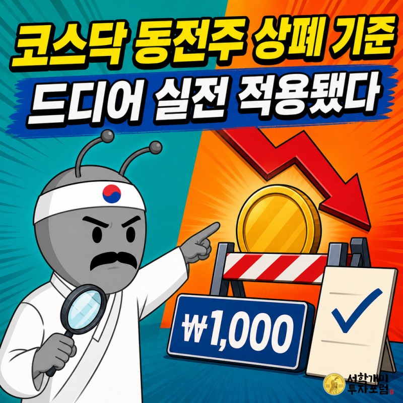 동학개미 기자가 코스닥 동전주 상폐 기준의 실전 적용을 안내하는 표지 이미지