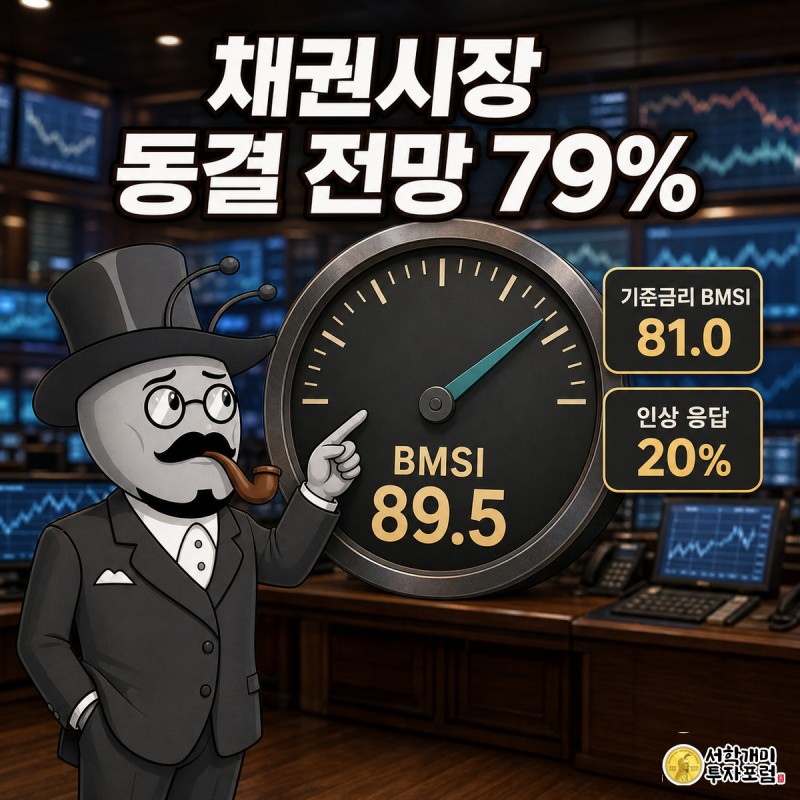 개미가 채권시장 심리 계기판 앞에서 바늘이 89.5를 가리키는 것을 보며 안도와 의아함이 섞인 표정을 짓는 모습
