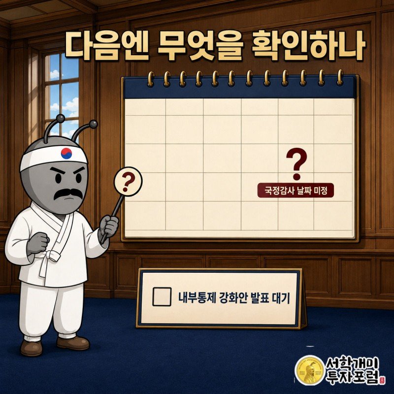 국정감사 날짜가 비어 있는 달력 앞에서 후속 확인 사항을 기다리는 개미 이미지