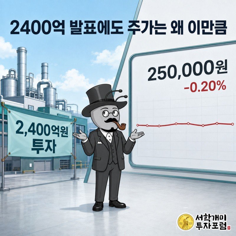 2400억원 투자 발표 현수막이 걸린 공장과 거의 평평한 주가 그래프를 대각선으로 나눠 대비시키고, 부자개미가 미묘한 표정으로 주가 차트를 바라보는 인포그래픽