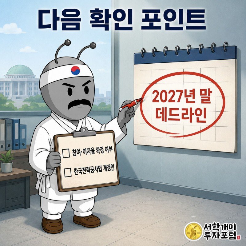 양반개미가 체크리스트를 들고 달력의 2027년 말에 동그라미를 치고 있다