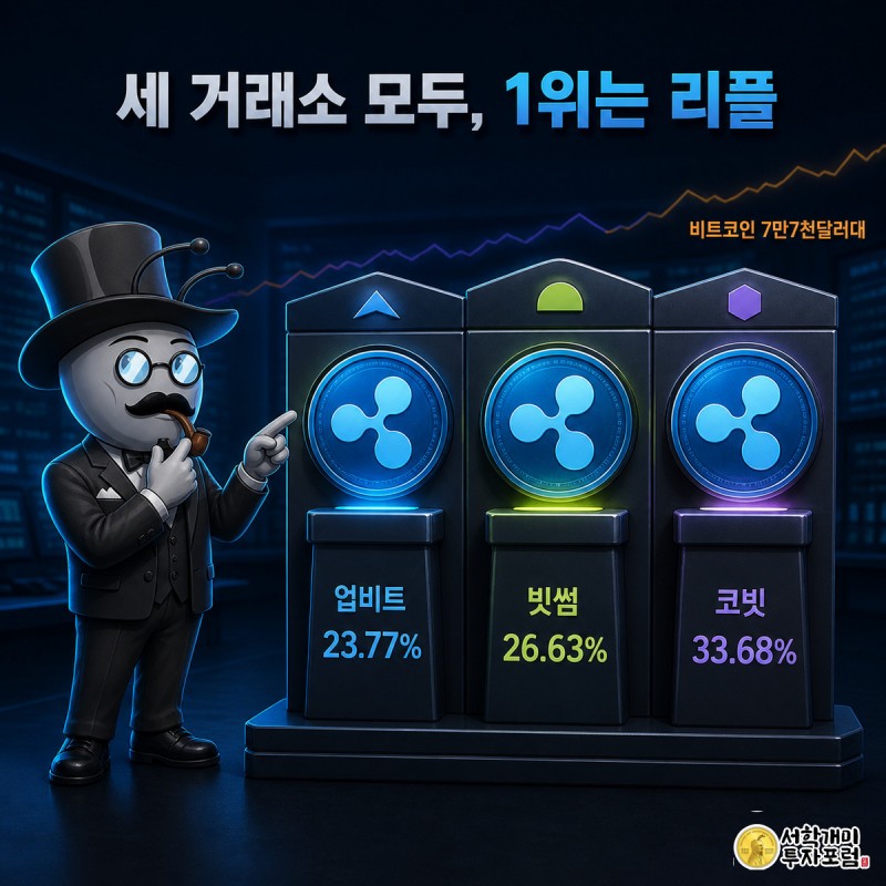 순위판 세 칸 모두 리플 코인이 1위를 차지한 것을 개미가 가리키며 득의양양해하는 그림
