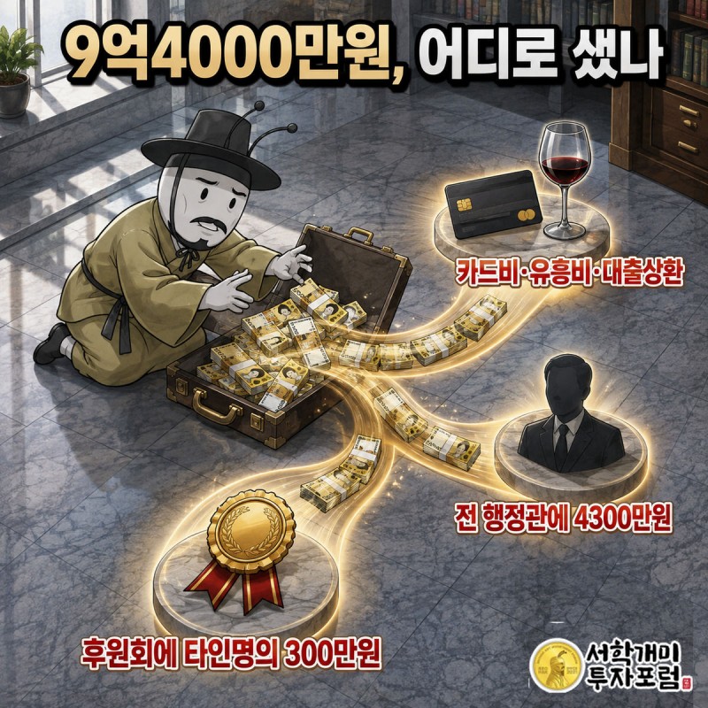서류가방에서 지폐가 세 갈래로 흘러나가고 서민개미가 낭패한 표정으로 이를 붙잡으려 하는 그림