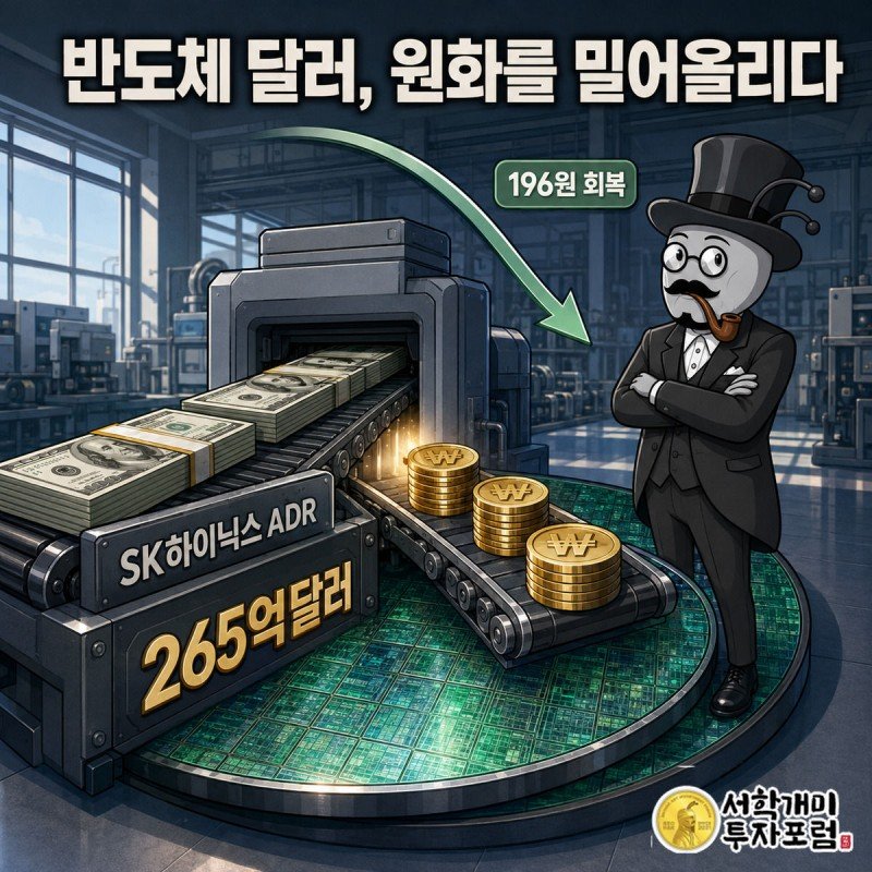 반도체 웨이퍼 위에서 달러가 원화 동전으로 바뀌는 컨베이어벨트를 신중하게 지켜보는 개미