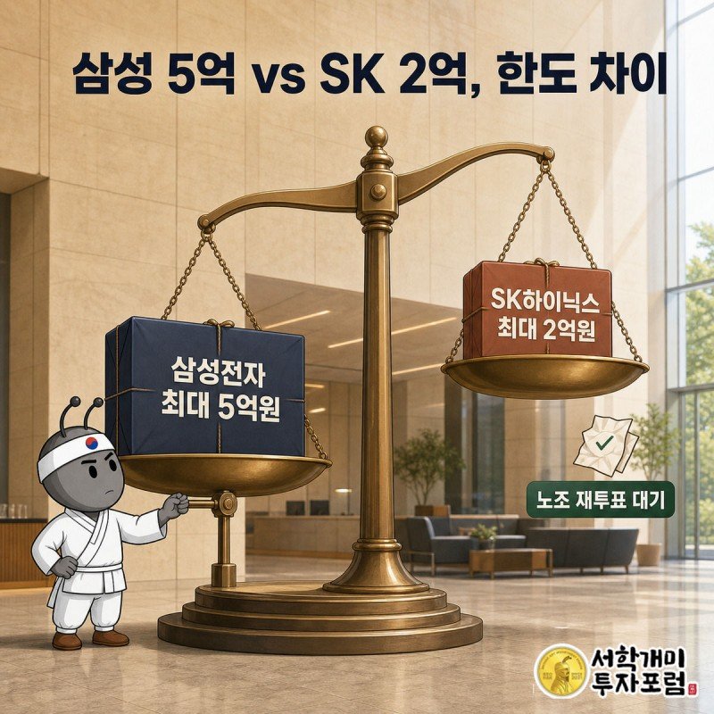 서민개미가 저울로 삼성전자 5억원과 SK하이닉스 2억원 대출 한도를 비교하며 삼성 쪽이 무거운 것을 확인하는 모습