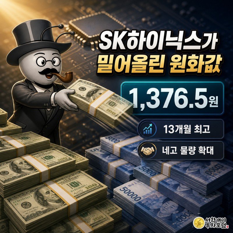 지폐 더미 위에 선 개미가 달러 지폐 다발을 원화 지폐 다발 쪽으로 던져 넣으며 활짝 웃고 있고, 배경에는 반도체 칩 실루엣이 빛나는 모습