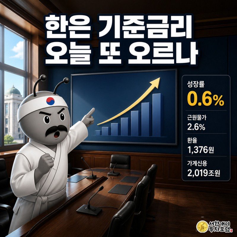 한은 회의실 대형 스크린에 치솟는 성장률 그래프를 보며 정장 입은 개미가 놀란 표정으로 숫자를 가리키는 모습